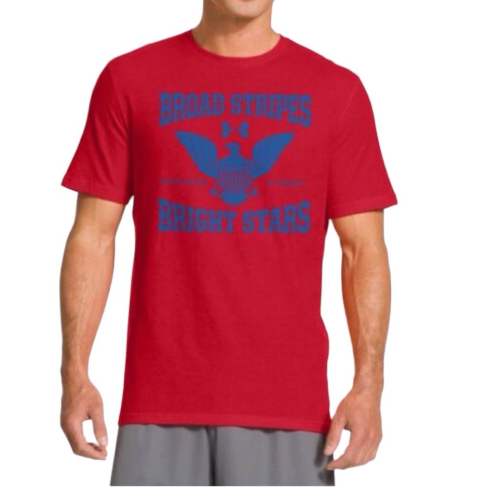 UNDER ARMOUR BROAD STRIPES AND BRIGHT STARS RED LOOSE FIT HEAT GEAR SHIRT